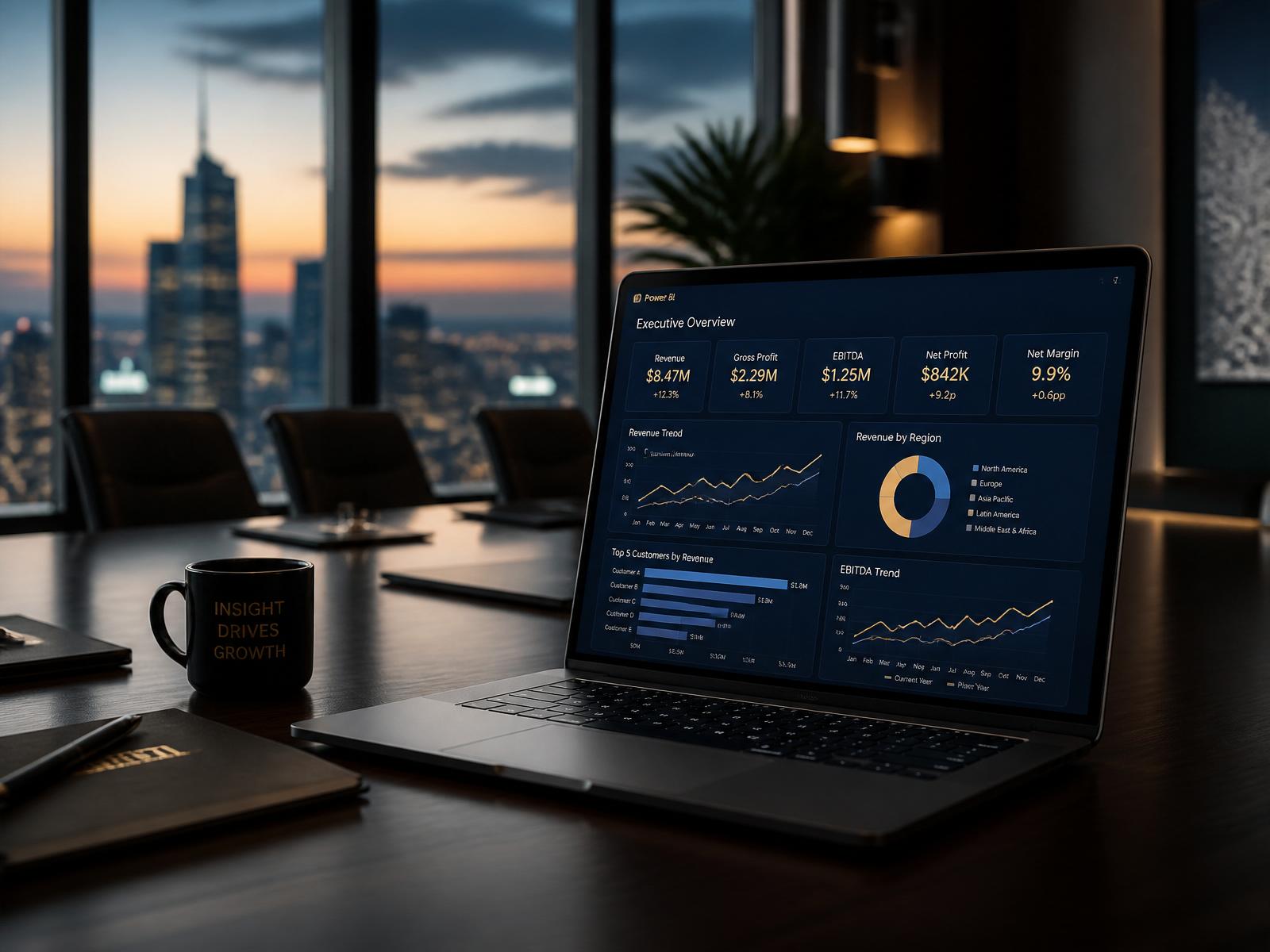 Executivos analisando dashboard Power BI em sala de reunião premium